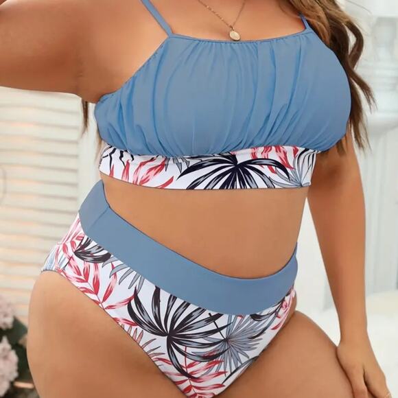 Plus Size High Waisted Blue and Pink Floral Bikini Swim Suit Beach Tropcial ZZ26 - Picture 1 of 14